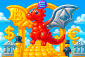 Fantasy-style red dragon surrounded by golden coins and dollar symbols, representing crypto’s evolution from chaos to mainstream finance
