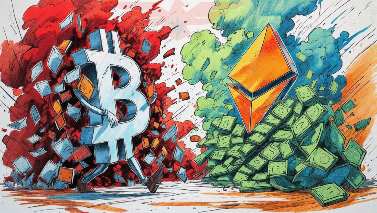 “Digital artwork of Bitcoin and Ethereum logos breaking into fragments, symbolizing falling prices despite ongoing institutional investment.