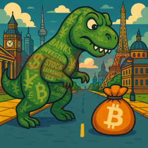 “Cartoon-style T-Rex holding a glowing Bitcoin symbol, representing the dominance of institutional money in Bitcoin’s new era.”