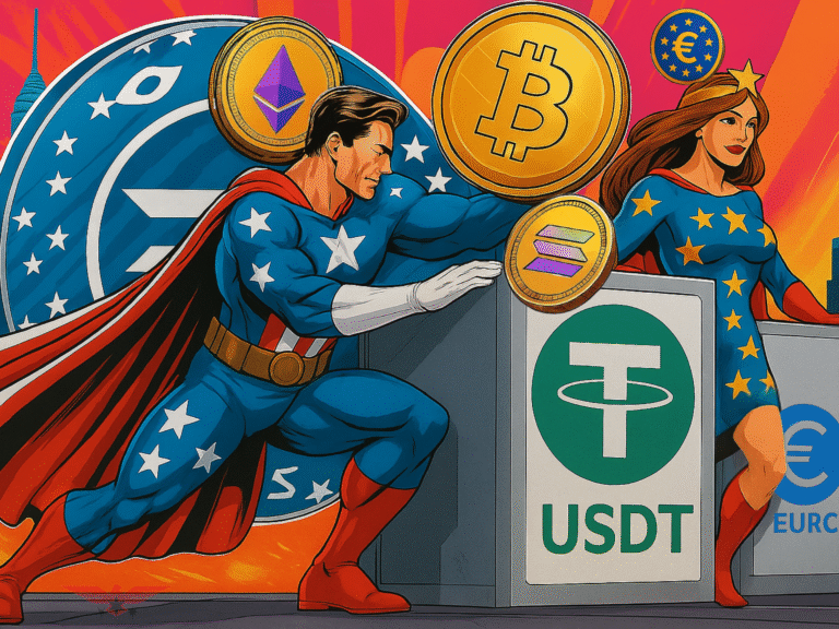 “Comic-style superheroes holding crypto symbols like Bitcoin and USDT, standing in front of global flags, symbolizing international cooperation on crypto regulation.”