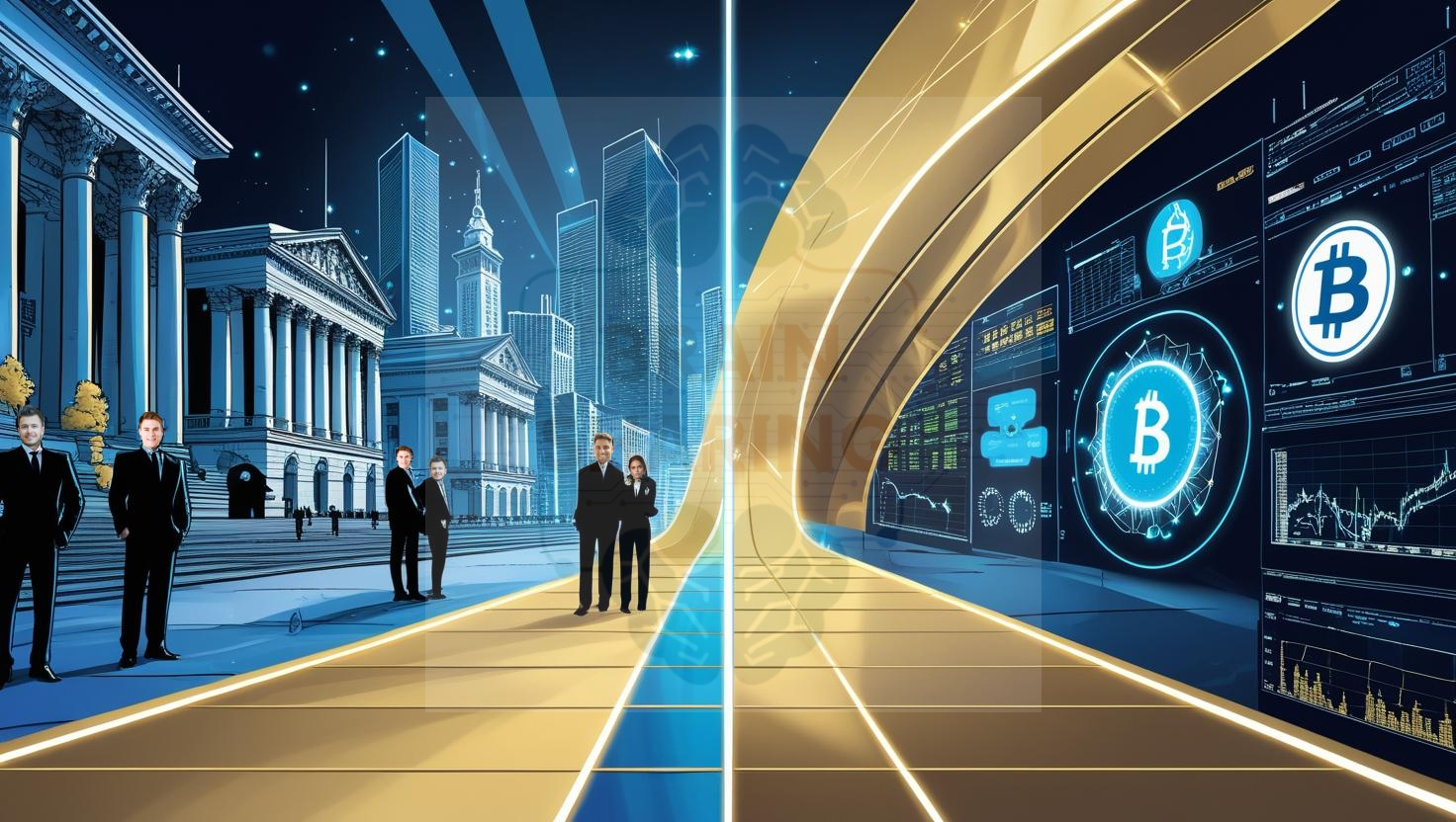 “Digital illustration of futuristic banking halls blending with blockchain interfaces, symbolizing the bridge between traditional finance and decentralized finance