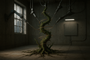 Green vine spiraling up from a cracked floor in a dim institutional room with tall windows.