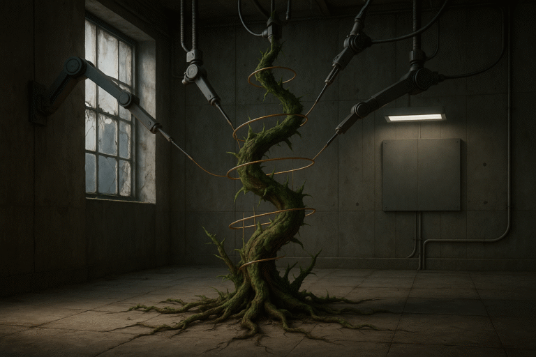 Green vine spiraling up from a cracked floor in a dim institutional room with tall windows.