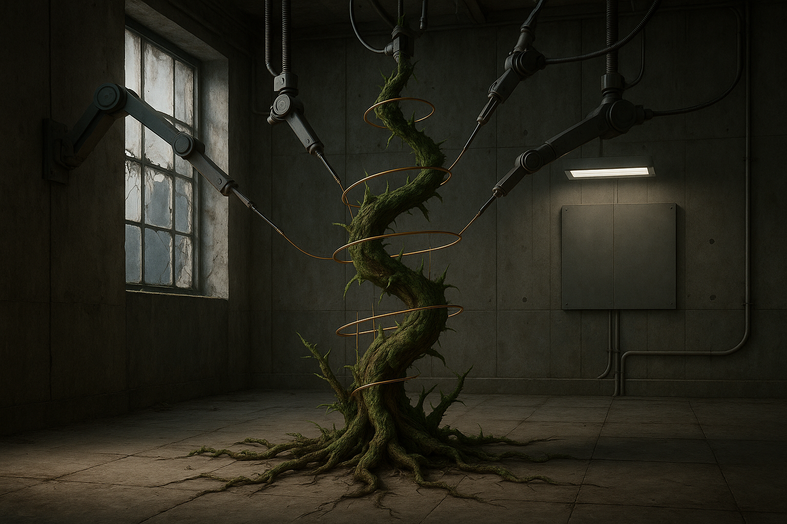 Green vine spiraling up from a cracked floor in a dim institutional room with tall windows.