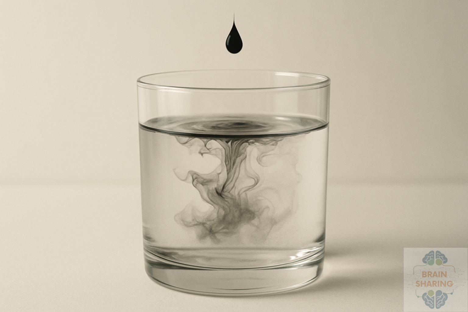 Black ink drop falling into a clear glass of water, swirling and blending—metaphor for assimilation