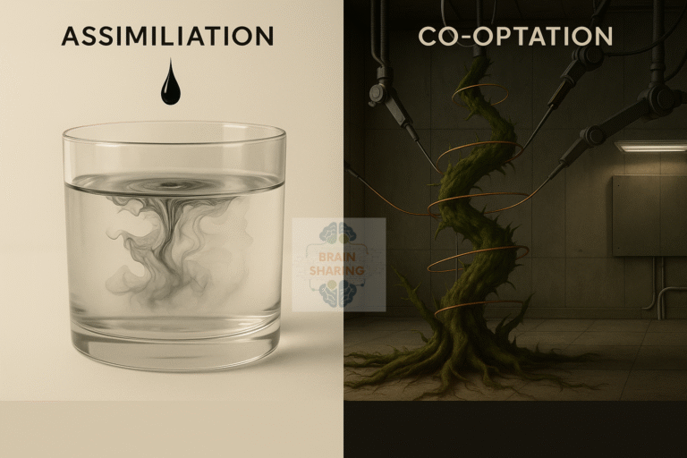 Diptych comparing assimilation and co-optation: ink drop blending into water; vine spiraling in a stark institutional room.