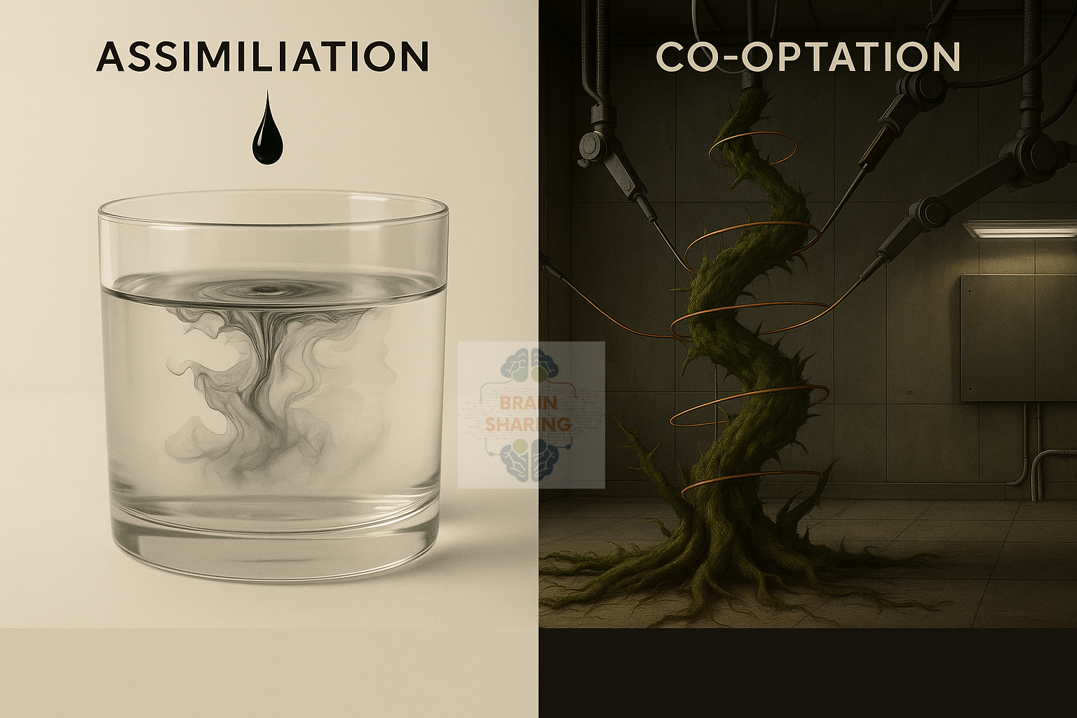 Diptych comparing assimilation and co-optation: ink drop blending into water; vine spiraling in a stark institutional room.