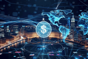 Digital artwork of a glowing dollar symbol connected to global blockchain networks, representing stablecoins as a tool in international trade.”