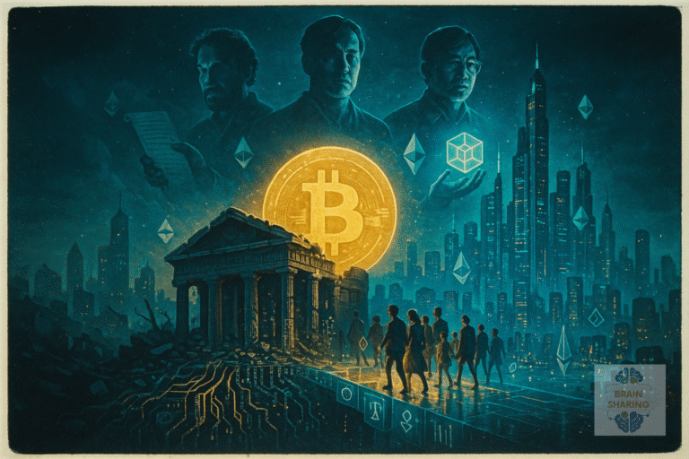 Symbolic digital artwork showing Bitcoin rising above a futuristic city, representing the birth of cryptocurrency as an alternative to traditional finance.