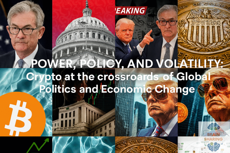 Composite image of Bitcoin, global political leaders, and government buildings, symbolizing the intersection of cryptocurrency, politics, and economic chang