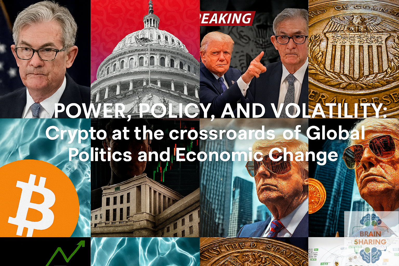 Composite image of Bitcoin, global political leaders, and government buildings, symbolizing the intersection of cryptocurrency, politics, and economic chang