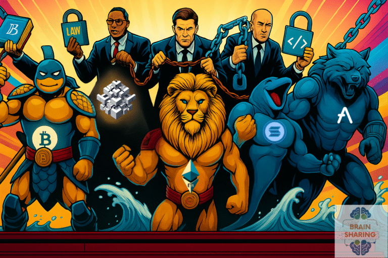 “Comic-style illustration of superheroes wearing crypto emblems, symbolizing global efforts to regulate and shape cryptocurrency policy.”