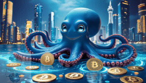 “Digital illustration of a giant kraken octopus with glowing eyes rising over a futuristic city, symbolizing the power and mystery of Kraken crypto exchange