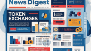 Collage-style news digest graphic featuring token exchange headlines, charts, and crypto symbols, representing July 2025 updates in the exchange market