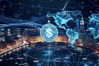 Digital artwork of a glowing dollar symbol connected to global blockchain networks, representing stablecoins as a tool in international trade.”