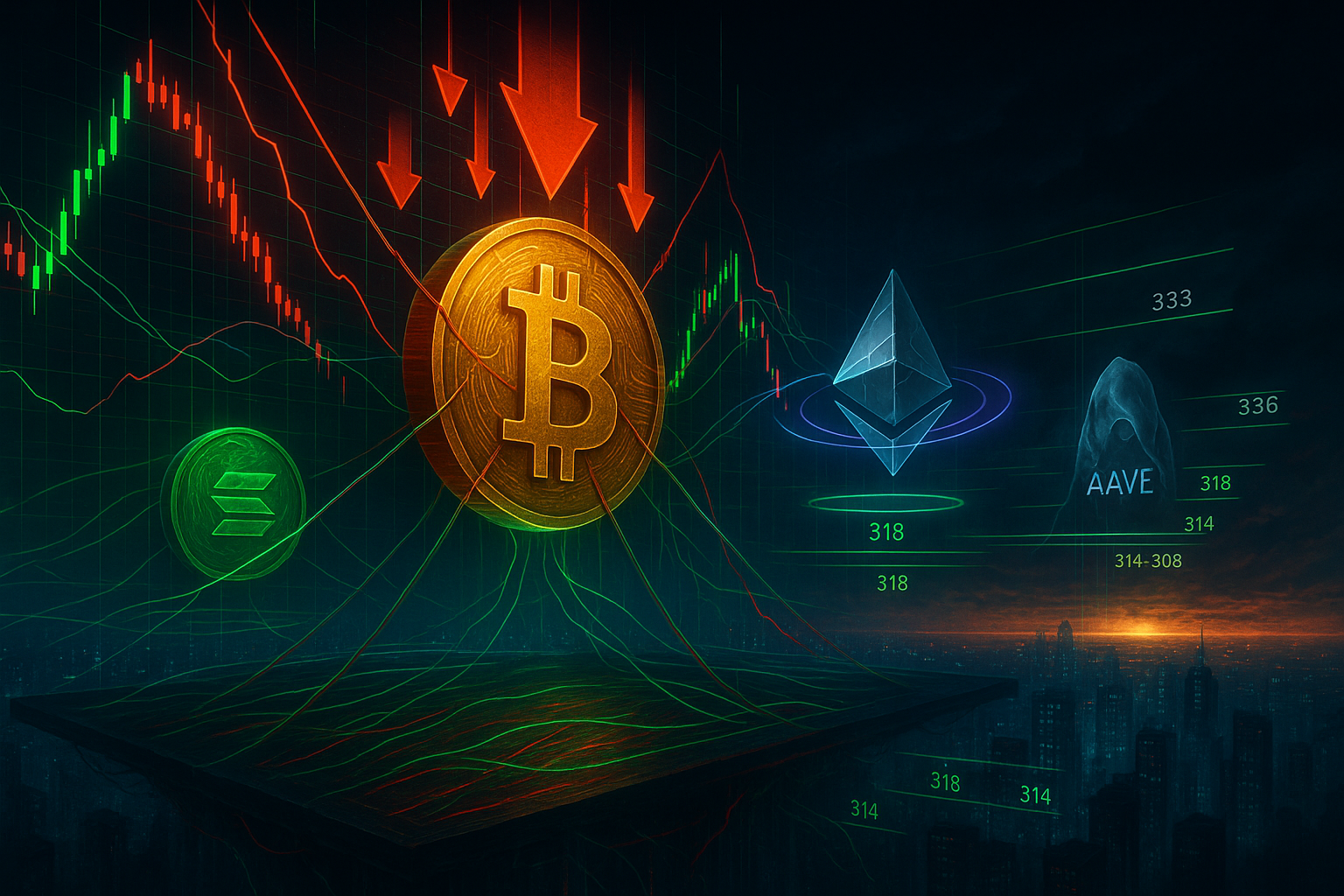 Futuristic digital trading floor with glowing holographic charts of Bitcoin, Ethereum, Solana, and AAVE showing market pressure, support zones, and fading momentum.