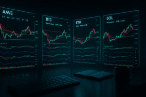 Night trading desk with AAVE, BTC, ETH, SOL charts showing DEMA, MACD, RSI; header image for a multi-timeframe market recap.