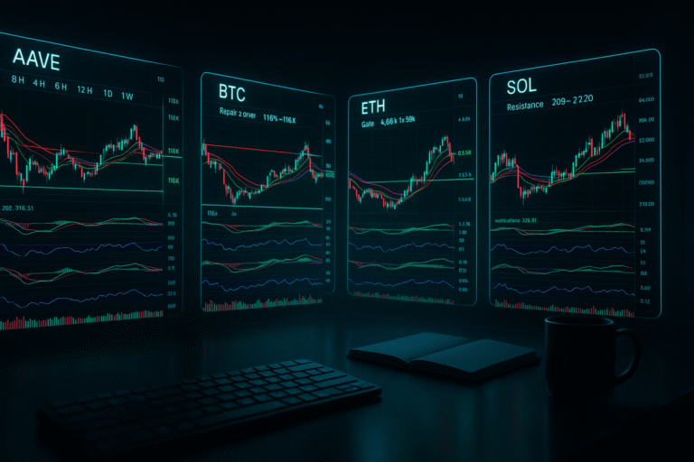 Night trading desk with AAVE, BTC, ETH, SOL charts showing DEMA, MACD, RSI; header image for a multi-timeframe market recap.