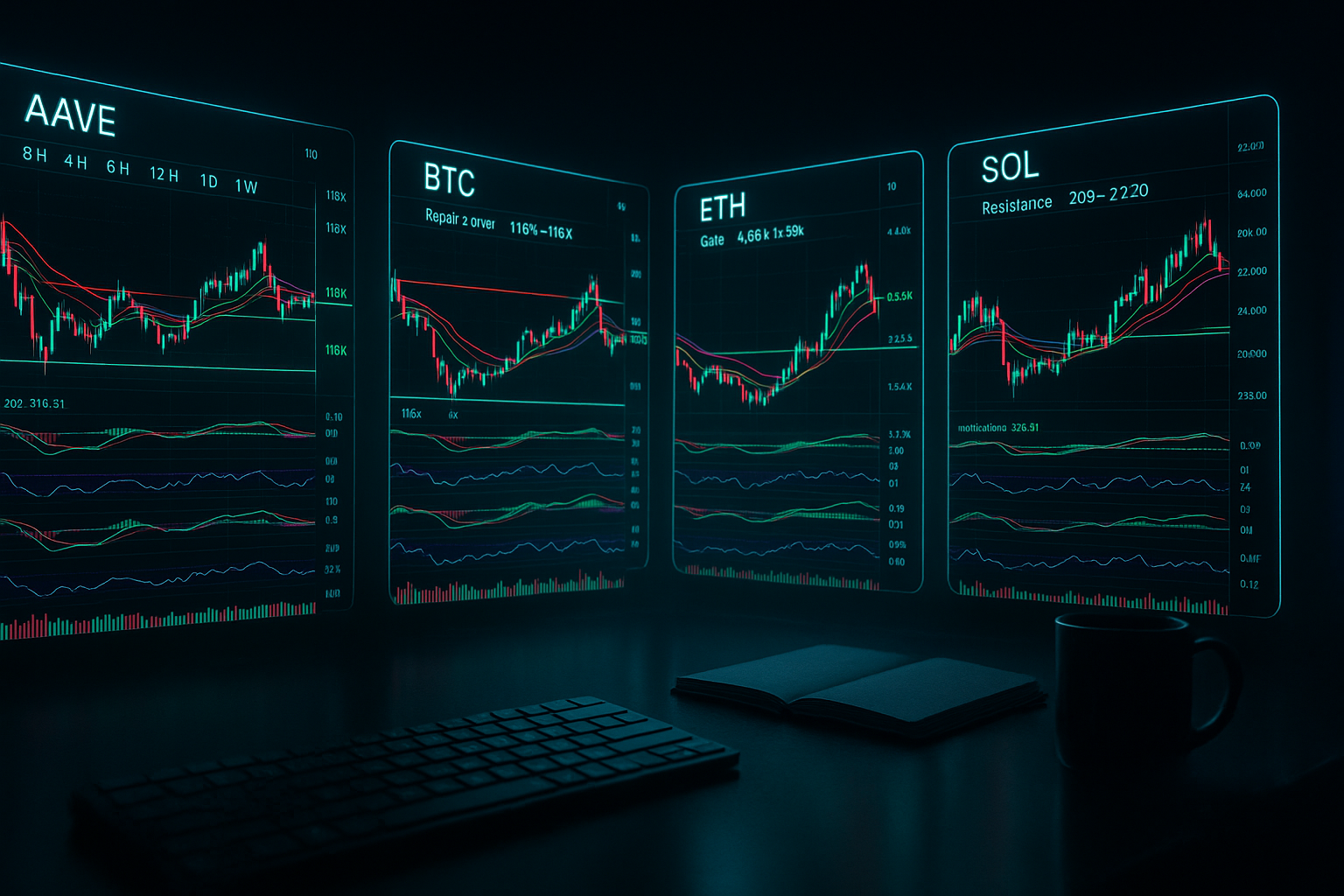 Night trading desk with AAVE, BTC, ETH, SOL charts showing DEMA, MACD, RSI; header image for a multi-timeframe market recap.
