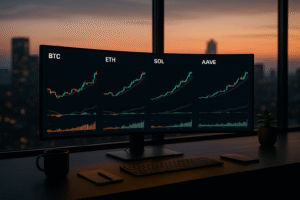 Cinematic crypto trading desk with BTC, ETH, SOL and AAVE charts; BTC bouncing into resistance, SOL leading.