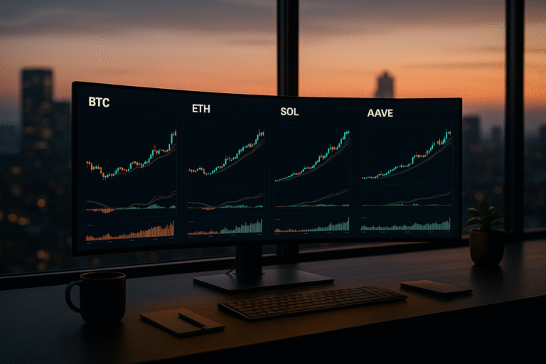 Cinematic crypto trading desk with BTC, ETH, SOL and AAVE charts; BTC bouncing into resistance, SOL leading.