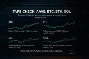 Tape Check: AAVE, BTC, ETH, SOL — trading dashboard with four line charts and DEMA ribbons; Friday final notes recap.