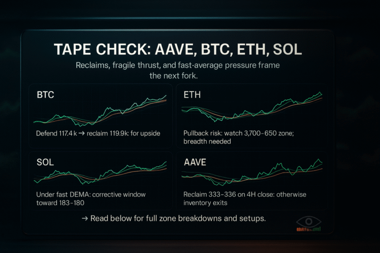 Tape Check: AAVE, BTC, ETH, SOL — trading dashboard with four line charts and DEMA ribbons; Friday final notes recap.