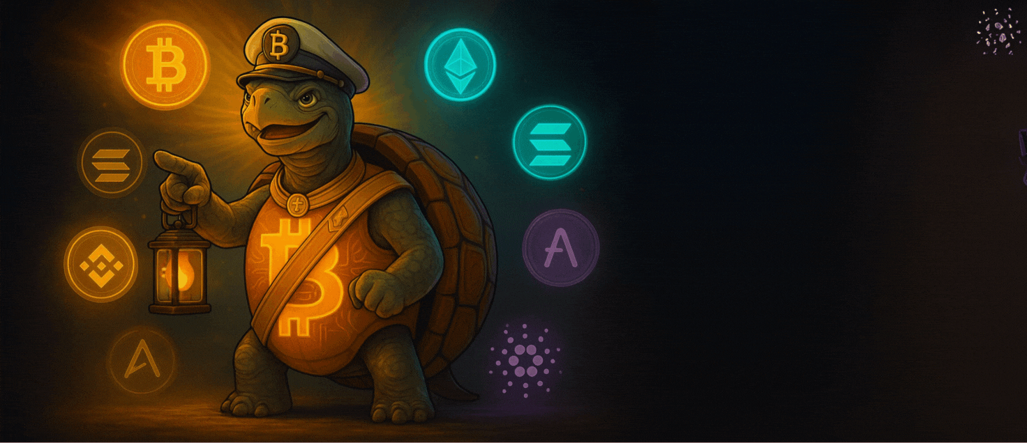 Cartoon turtle sea captain with Bitcoin hat and lantern, surrounded by crypto logos for BTC, ETH, SOL, BNB, AAVE, and ADA.