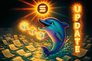 Colorful dolphin jumping from water with glowing Solana logo and blockchain cubes, alongside the word “Update.”