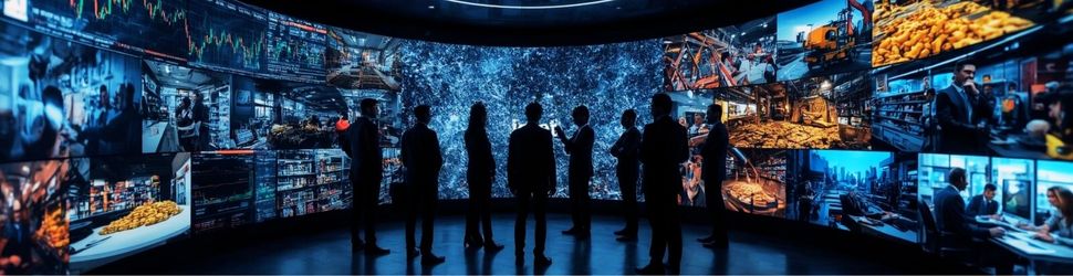 “Business News Outlook banner showing a collage of global markets and people discussing news”