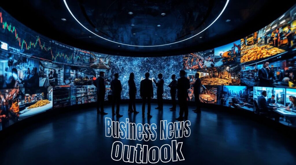 Collage-style banner for Business News Outlook showing people and global business sectors”