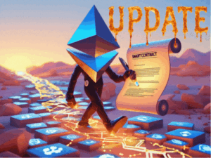 Ethereum blockchain update graphic with digital currency icons"