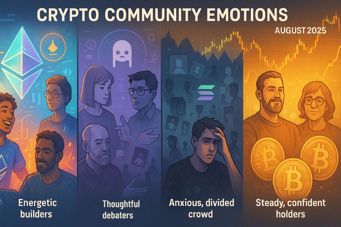 Crypto community emotions August 2025 — illustrated portraits of AAVE, Bitcoin, Ethereum, and Solana users showing different moods from patience to optimism and debate.