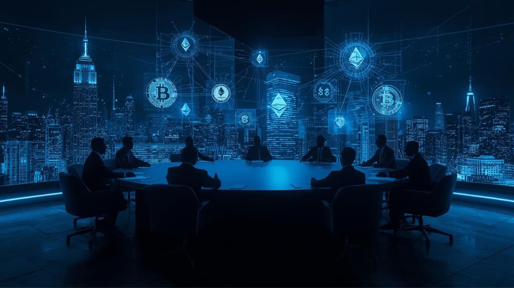Futuristic debate scene with glowing silhouettes and holograms of crypto symbols, representing global discussions on cryptocurrency, politics, and finance.”