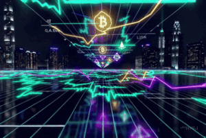 Futuristic crypto trading desk with holographic charts of Bitcoin, Ethereum, Solana, and AAVE glowing in neon colors, symbolizing momentum and market structure.