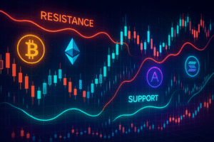 A stylized digital art image of a cryptocurrency market chart. Glowing red and blue lines represent resistance and support levels. Prominently featured are the logos for Bitcoin, Ethereum, Aave, and Solana, set against a dark, futuristic background