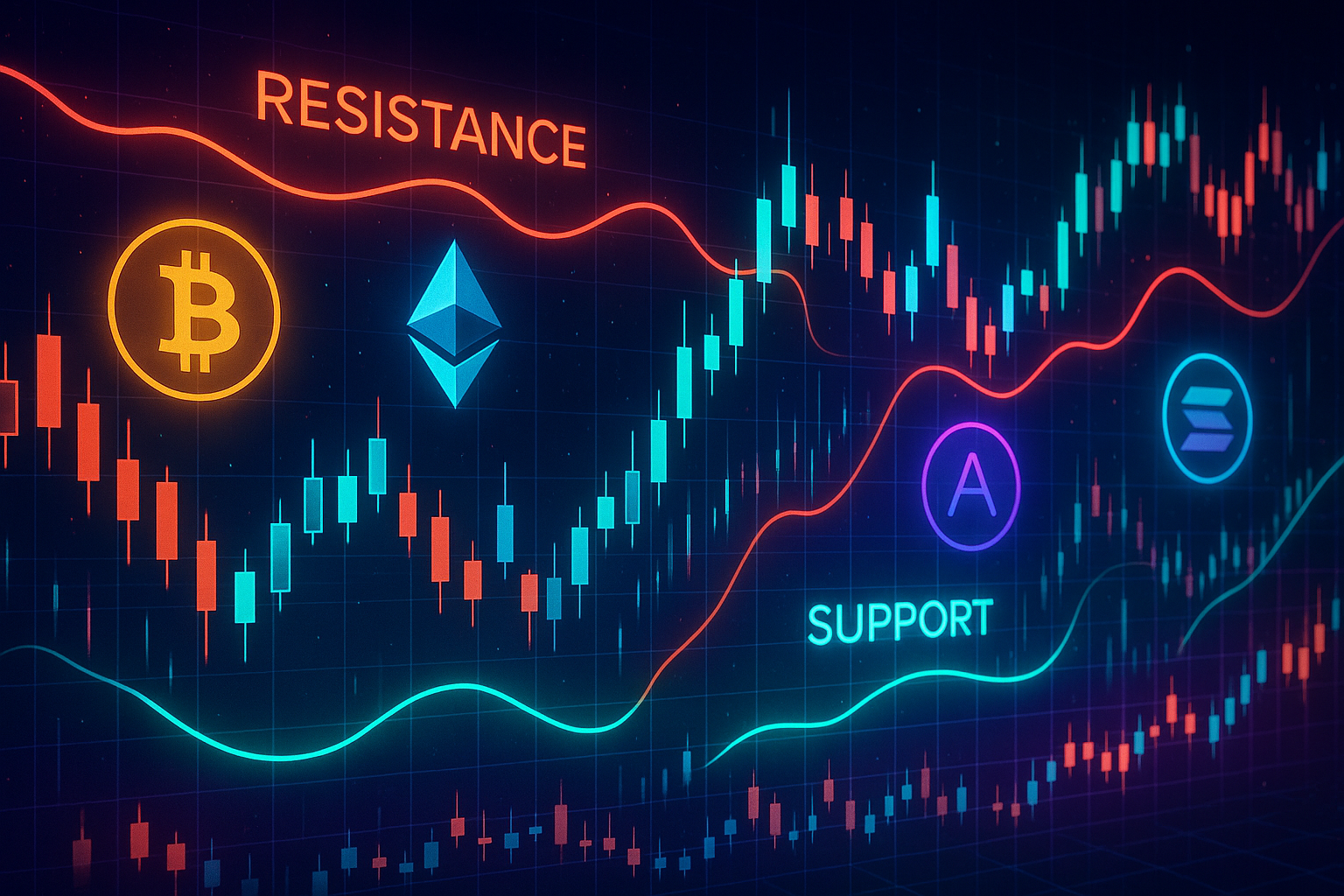 A stylized digital art image of a cryptocurrency market chart. Glowing red and blue lines represent resistance and support levels. Prominently featured are the logos for Bitcoin, Ethereum, Aave, and Solana, set against a dark, futuristic background
