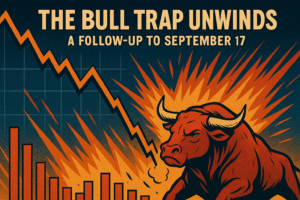 Graphic showing a bull caught in a trap with downward arrow, symbolizing the unwinding of the cryptocurrency bull run after September 17, 2025.