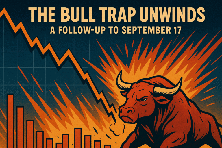 Graphic showing a bull caught in a trap with downward arrow, symbolizing the unwinding of the cryptocurrency bull run after September 17, 2025.