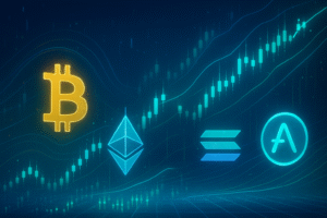 "Digital cryptocurrency market visualization featuring Bitcoin, Ethereum, and other major altcoins with upward trending price charts and glowing technical indicators against a futuristic blue background"