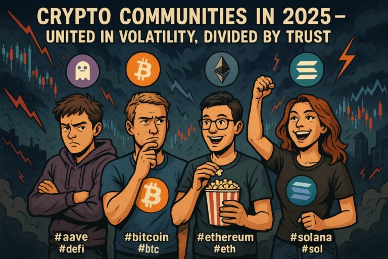 Four diverse people representing different cryptocurrency communities in 2025, symbolizing the varied sentiments and discussions across Bitcoin, Ethereum, Solana, and AAVE user bases