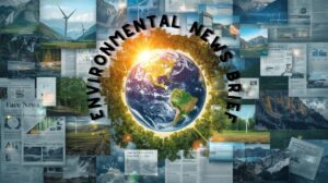 Collage-style image showing Earth surrounded by forests, renewable energy, and digital headlines, symbolizing environmental news updates.