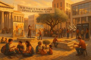 Classical public square with citizens debating, trading, and gathering.