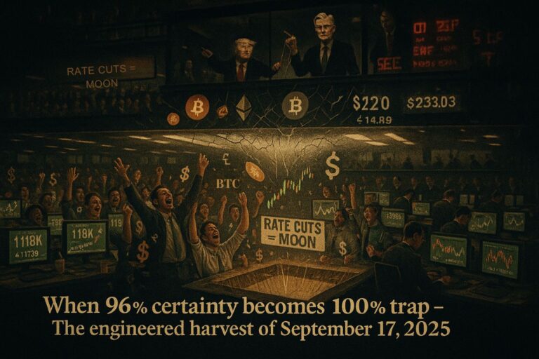 Digital artwork depicting the cryptocurrency market manipulation on September 17, 2025, showing retail traders bullish on rate cuts while institutional investors distribute positions behind the scenes, leading to a coordinated market correction.