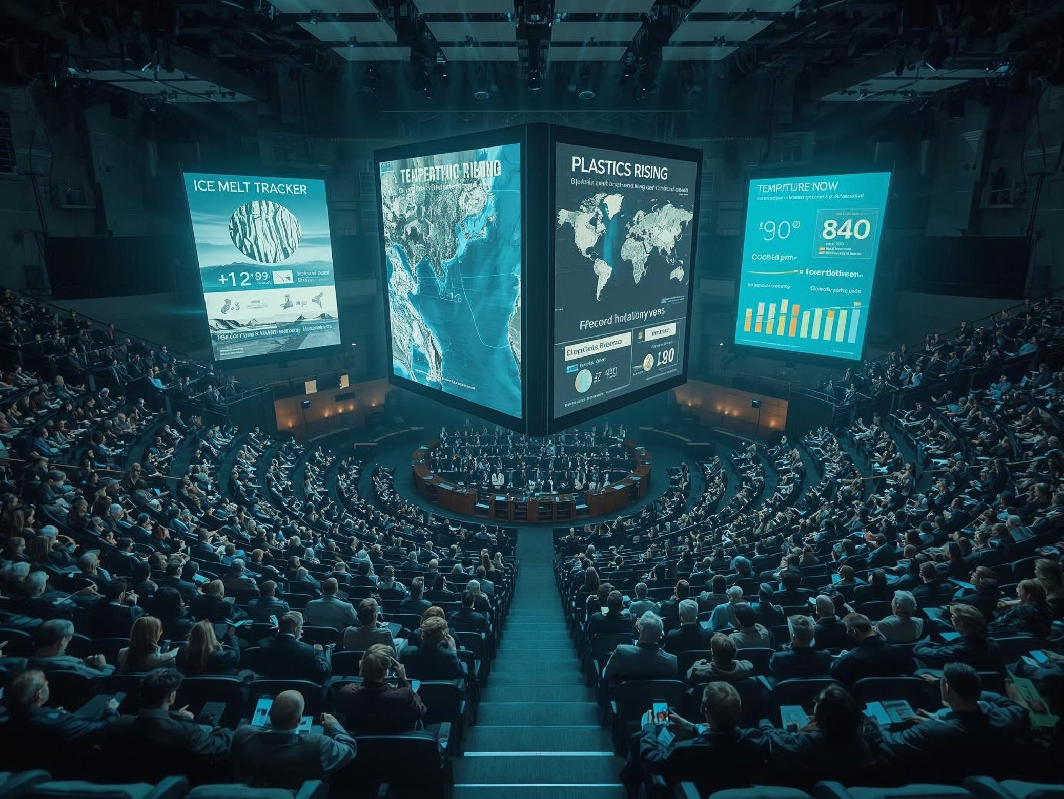 Photorealistic Greek amphitheater forum with tiered seating, no desks, attendees typing on devices, four-sided jumbo screen showing ice melt, rising temperatures, plastics crisis, and emissions dashboards