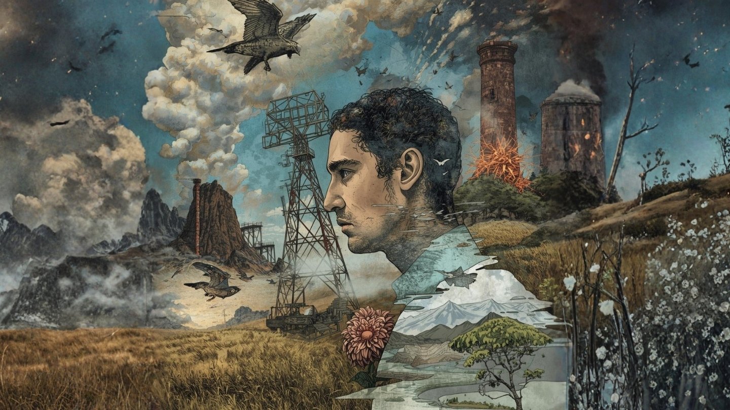 A person in thoughtful pose against a backdrop split between environmental devastation and natural beauty, symbolizing reflection on humanity’s impact on the planet.