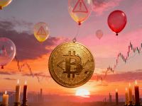 Bitcoin surrounded by warning balloons at market exhaustion zone with sunset backdrop