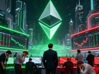 Ethereum trading floor scene with holographic ETH logo transitioning from green bullish to red bearish lighting, symbolizing market exhaustion