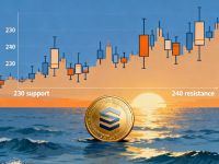 Solana coin against sunset ocean with chart overlay showing 230 support and 240 resistance levels