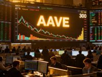 AAVE cryptocurrency trading scene showing price testing 300 USDT resistance level with glowing indicators and diverging volume signals in atmospheric trading floor setting